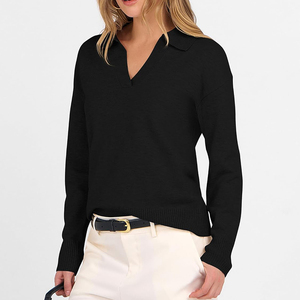 Blusas de Manga Larga Personalizadas, Estilo Casual de Negocios, Cuello en V, Tejido Acanalado, Ajustadas, Camisas Polo para Mujer - Product Image 1