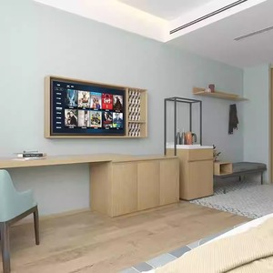 Juego de Muebles de Dormitorio Económico para Apartamento de Hotel, Marco de Madera Moderno, Cama Doble, Mesita de Noche, Escritorio, Mueble para TV, Uso Comercial - Product Image 4