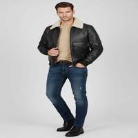 Blouson aviateur homme en cuir véritable coupe ajustée, col rabattu, doublure écologique respirante en polyester/coton, style vintage hiver