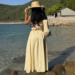 Jupe longue évasée unie respirante à taille naturelle avec cordon de serrage latéral, jupe décontractée d'été - Product Image 6