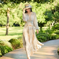 Robe longue élégante haut de gamme en soie pour femme, style vintage, nouvelle collection printemps 2026, motif floral, en soie de mûrier, taille haute, col en V, antistatique