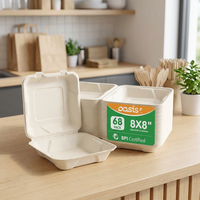 Oasis Boîte à hamburger écologique biodégradable de 8 pouces avec couvercle, compostable, jetable, en bagasse de canne à sucre, imperméable et résistante à la graisse