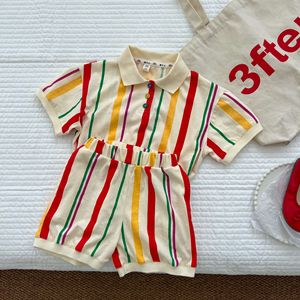Ensemble tricoté rayé en coton délavé à l'enzyme style coréen pour filles (chemise-robe) <span class=keywords><strong>et</strong></span> garçons (short à manches courtes) - Product Image 6