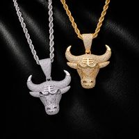 Collier pour homme en laiton avec pendentif tête de taureau 3D, serti de zircone cubique, style tendance streetwear hip-hop, bijou animalier, cadeau pour lui