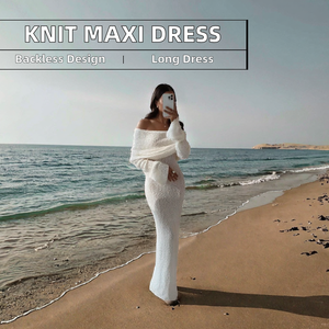 <span class=keywords><strong>Robe</strong></span> <span class=keywords><strong>longue</strong></span> en maille ajourée à épaules dénudées pour femme, sexy, unie, taille empire, manches longues, idéale pour les fêtes de vacances et la plage, longueur ras du sol - Product Image 2