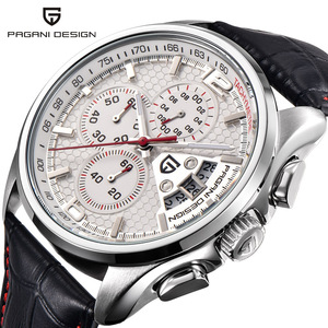 Montre à quartz pour homme 44,5 mm, chronographe, cadran avec calendrier, aiguilles, étanche 30M, bracelet en cuir, style vintage - Product Image 2