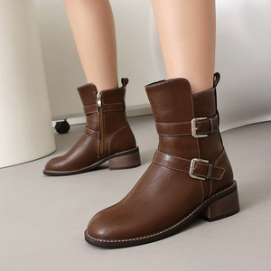 Botines Marrones de Piel Genuina con Punta Redonda, Tacón Cuadrado, Correa con Hebilla, Estilo Moto, Tacón Alto, Envío Directo - Product Image 2