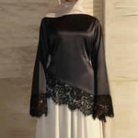 Gaun Muslim Wanita Premium Sharut Dubai Baru, Atasan Berenda Lengan Panjang, Blus Muslim Kasual Bahan Satin, Kemeja Muslimah Sopan dengan Renda