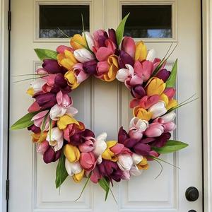 Guirnalda Artificial <span class=keywords><strong>de</strong></span> Tulipanes Rosados y Blancos <span class=keywords><strong>de</strong></span> 45 cm, con Hojas Verdes Densas, Decoración para Colgar en la Puerta <span class=keywords><strong>de</strong></span> Primavera, Reutilizable - Product Image 6