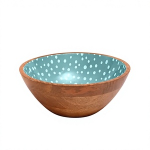 Tazón de madera de mango hecho a mano con interior esmaltado de lunares azules, diseño nórdico para servir comida, uso doméstico. - Product Image 1