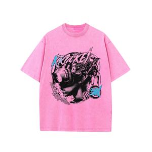 <b>Men's</b> Retro Acid Washed T-Shirt High Quality 100% Cotton Oversized Hip Hop Digital Printed Knitted Tops <b>Turtleneck</b> Short Pattern - Product Image 4