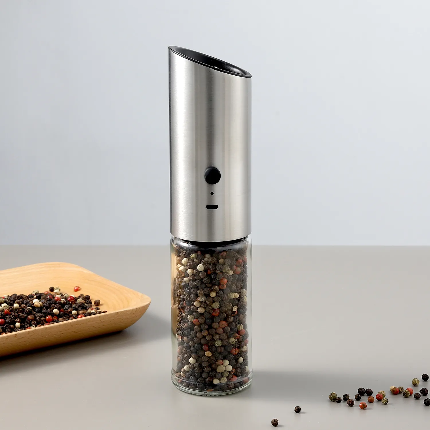 Roestvrijstalen Oplaadbare Usb Zwaartekracht Automatische Elektrische Specerij Himalayan Zout En Peper Grinder Set