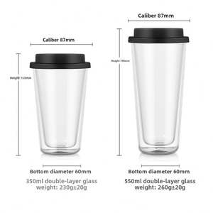 Mug à thé, lait ou café en verre borosilicate personnalisé avec logo, 350 ml, 550 ml, gobelet à double paroi en verre de 12 oz avec couvercle en silicone - Product Image 2
