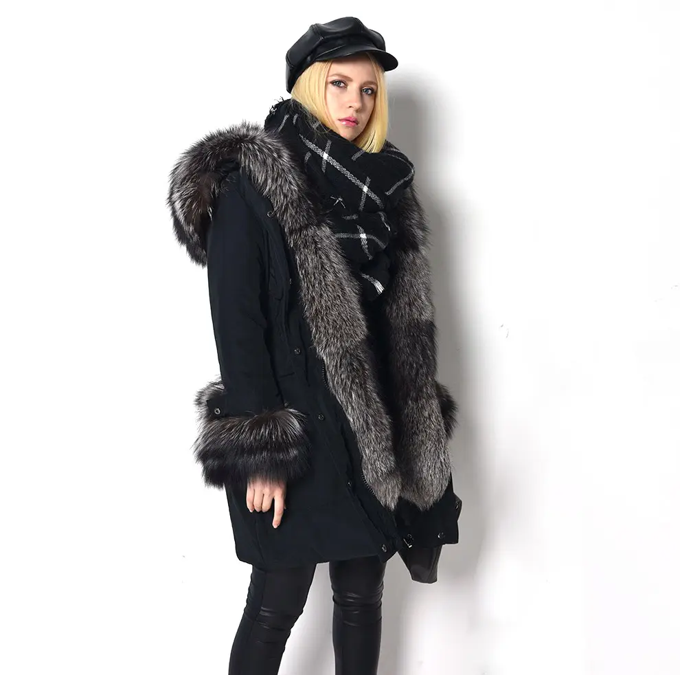 Woman Long Fur Lined Down Coat Fashion Winter Black Real Fox Fur Parka Women with Fur Hood