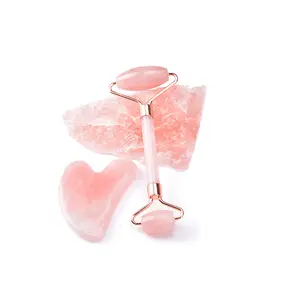 Precio de fábrica de aleación de zinc de cara de elevación de cuarzo rosa jade rodillo y gua sha kit de masaje