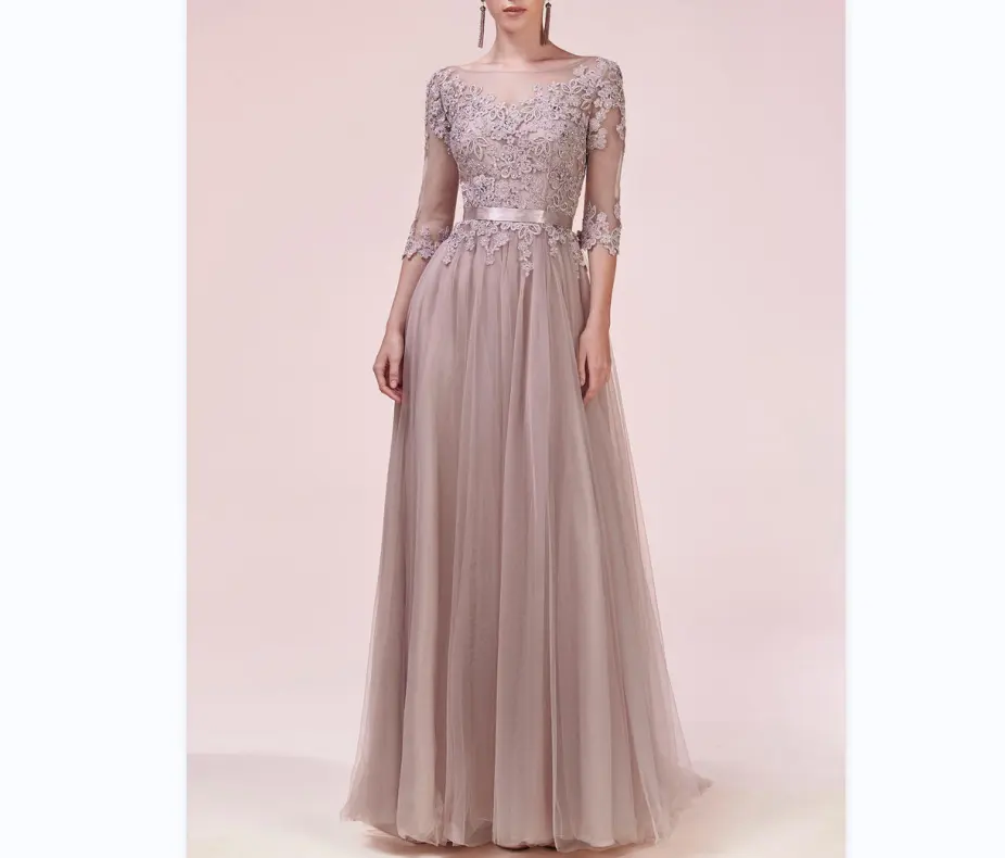 Elegant Dusty Floral Sheer Sleeves Gown Long A Line Sexy Lace Three Quarter Sleeves A Scoop Back Mesh Sexy Women Prom Dress