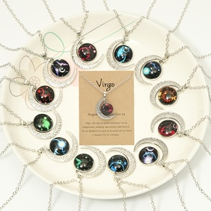 Nouveau lumineux 12 zodiaque en acier inoxydable collier rétro lune pendentif perlé diamant perle fêtes anniversaires fête des pères cadeau - Product Image 1
