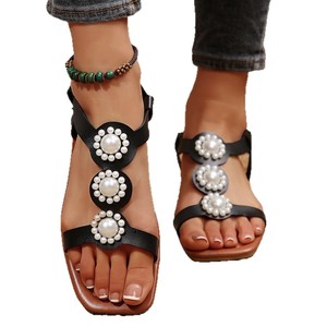 Women Square Toe Pearl Flat <b>Sandals</b> <b>Elastic</b> Ankle Strap Summer Casual Outdoor Walking <b>Sandals</b> - Product Image 5