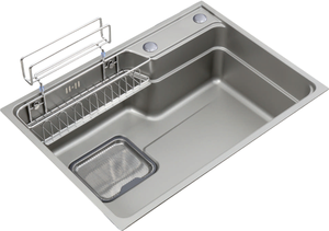 Évier de cuisine en acier inoxydable SUS304, finition argent volcanique nano, 680x480mm, cuve simple, avec robinet extractible inclus - Product Image 6