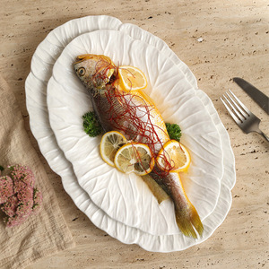Ensemble d'assiettes en céramique à motif <span class=keywords><strong>de</strong></span> feuilles blanches, plat brillant pour servir du poisson, des <span class=keywords><strong>fruits</strong></span> <span class=keywords><strong>de</strong></span> <span class=keywords><strong>mer</strong></span> et des plats principaux à la maison ou au restaurant - Product Image 3