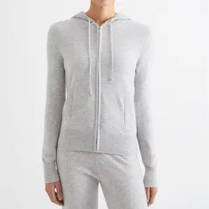 Pure cashmere women's zip cardigan sweater with hoodie
