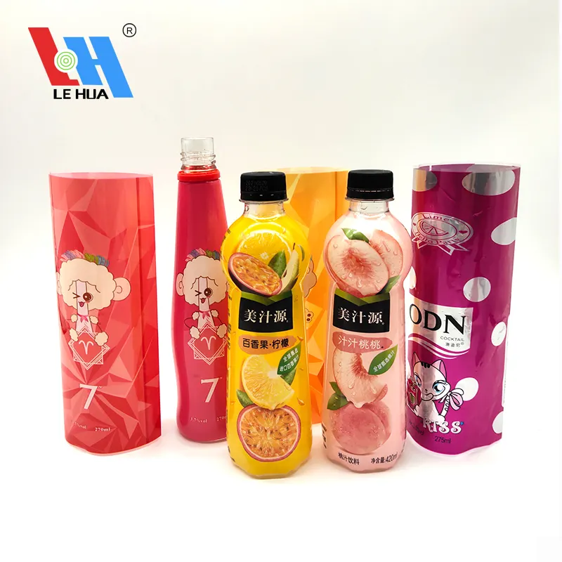 Etiqueta de manga termorretráctil para botella de zumo, producto de venta directa de fábrica, personalizado
