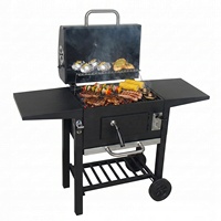 Barbecue à charbon de bois d'extérieur avec fumoir, thermomètre, tables latérales et roues pour jardin et terrasse
