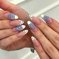 Faux ongles 3D à presser, motif fleur bleue, forme amande moyenne, French manucure nude à pois, avec strass, pour femme, idéal pour l'été