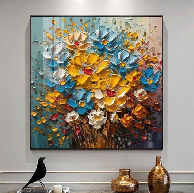 Abstract Modern Large 3D Thick Texture Hand painted Flowers on Canvas Beautiful HD knife painting Home Wall Hotel Decor