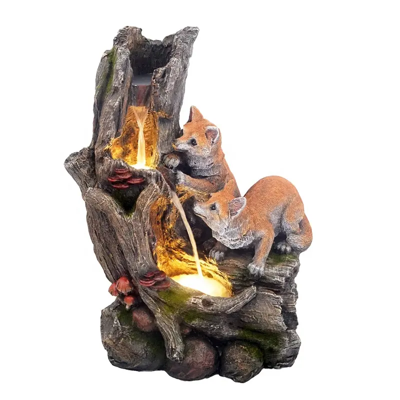 Fonte de água decorativa para jardim e pátio, 2022 polyresina jogar foxes logs de madeira tronco cachoeira refeições