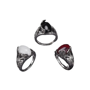 Retro Flower Butterfly <b>Ring</b> Women's Silver Tone Inlaid White Agate Carnelian <b>Crystal</b> Open Style Index Finger Jewelry Gift - Product Image 5