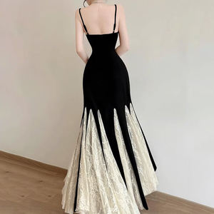 เดรสยาวทรงปล่อยสำหรับผู้หญิง ตกแต่งด้วยผ้าลูกไม้ ดีไซน์หรูหรา ช่วงเอวเข้ารูป พิมพ์ลายดิจิทัล ซักได้ ตัดต่อผ้าแบบไร้แขน - Product Image 5