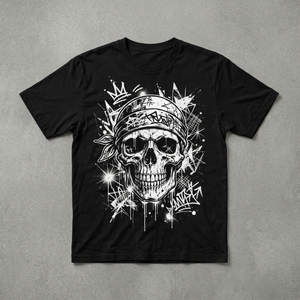 T-shirt en jersey noir à manches courtes et col rond pour homme, style streetwear, imprimé graphique tête de mort et bandana, 180 grammes, respirant - Product Image 1