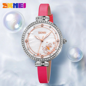 Skmei Women's Quartz Watch Rose Gold Dial Pink Leather Strap Diamond Case Elegant Casual Student Watch 10mm Thin - Product Image 1
