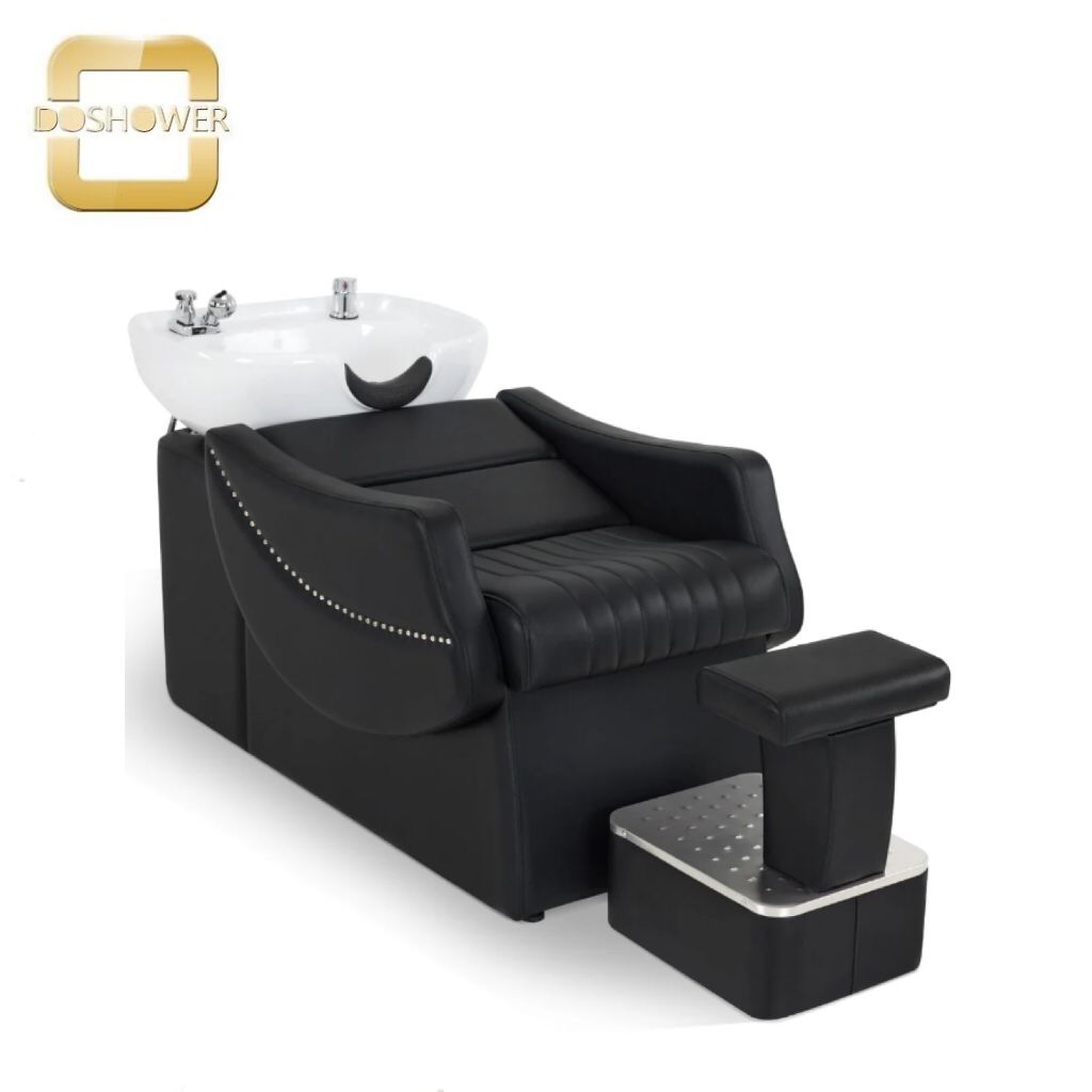 Combining Style Functionality Black PVC Leather Shampoo Chair Silver Rivets Durable Ceramic Bowl Ergonomic Comfort Living Room
