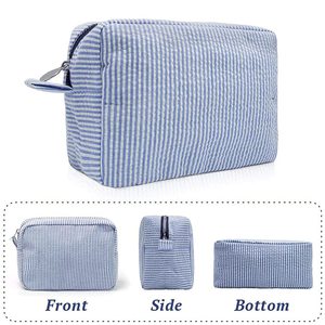 Trousse de Maquillage Grande Capacité pour Femme, Sac de Voyage à Rayures en Seersucker, Organisateur Esthétique pour Articles de Toilette, Pochette de Rangement - Product Image 3