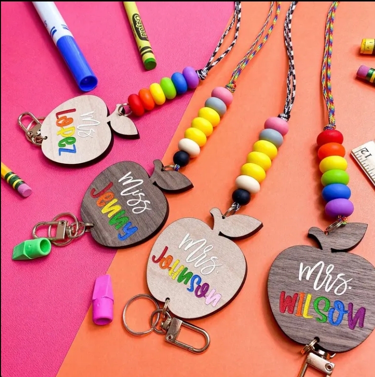 Teacher Lanyard Gift, Personalized Pastel Silicone Beads Lanyard Keychain Pencil Lanyard, Wooden Apple Shape Sign Keychain