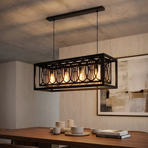 Lámpara Colgante Rectangular de 4 Luces con Círculos Entrelazados, Lámpara Colgante de Metal Negro y Vidrio - Product Image 2