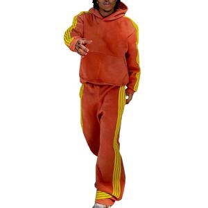 Conjunto de Sudadera con Capucha y Pantalones de Chándal de Algodón Grueso de 500G, Estilo Vintage Lavado y Decolorado, con Rayas, para Hombre, Venta al Por Mayor - Product Image 1