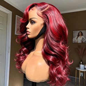 Perruques de Cheveux Humains Vierges de Haute Qualité, Rouge Vin, Ondulées, avec Frontale en Dentelle Transparente Pré-Pluckée, Vente Directe Usine - Product Image 2