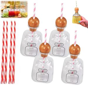 Botella de Licor Reutilizable de 375 ml, Mini Botellas Transparentes para Tequila, Vasos con Tapón Redondo de Madera, Vasos Reutilizables con Pajita - Product Image 1