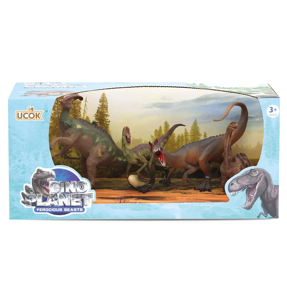 Realistic Dinosaur Playset with window box 4-piece Wildlife Animal toy