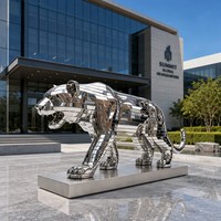 Escultura de Tigre de Acero Inoxidable Pulido a Espejo, Moderna y Personalizada, para Centros Comerciales y Plazas Exteriores