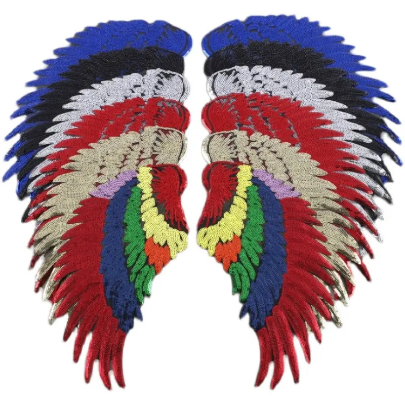Customized Rainbow Color Wings Sequins Sew On Patch Embroidered Applique Wings for Cloth Decoration