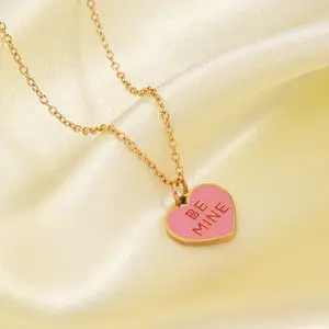 New Fashion Heart Necklace Stainless Steel 18k Gold Plated Pink Enamel Heart Necklace Waterproof Cute Necklace