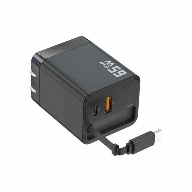 30W 65W 100W GaN Charger with Retractable USB C Cable 0.75m PD 3.0 Fast Wall Charger for Laptop Phone Tablet Travel Home Office