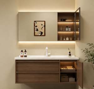 Mueble de Baño Independiente de Madera Clásico Personalizado, con Lavabo de Cerámica, Encimera de Piedra, Resistente al Agua, para Hogar Residencial - Product Image 5