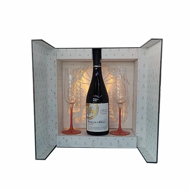 Usine chinoise luxe célèbre marque bouteille de vin léger boîte d'affichage pour l'emballage du vin avec deux verres