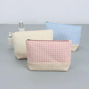 Xách Tay Thân Thiện Với Môi Mỹ Phẩm Bàn Chải Chủ Pouch Waffle Dệt Bông Vẻ Đẹp Túi Với Rơm Dưới Trang Điểm Túi Biểu Tượng Tùy Chỉnh