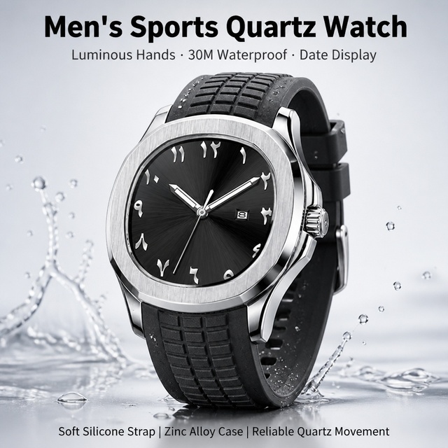 Luxury Male Waterproof Sports Watch for Men Wholesale Silicone Strap Quartz Watch in Bulk Custom Logo Men's Arabic Dial Watch